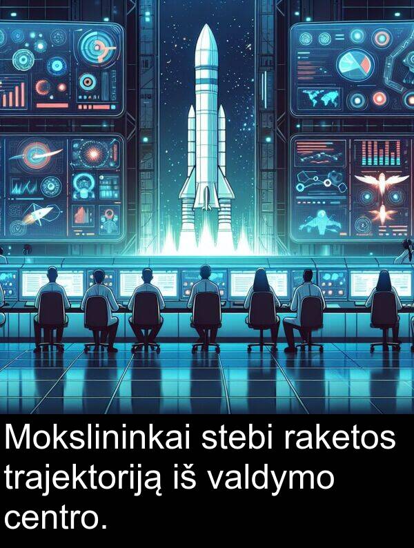 centro: Mokslininkai stebi raketos trajektoriją iš valdymo centro.