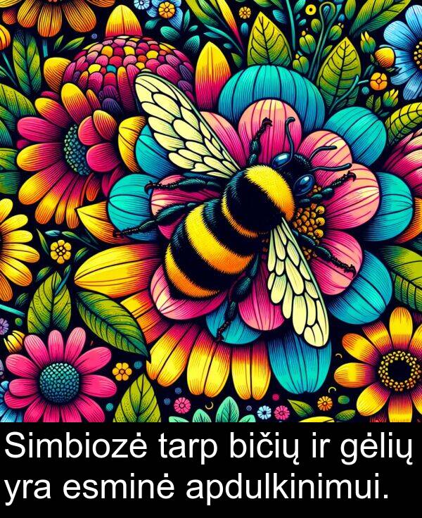 tarp: Simbiozė tarp bičių ir gėlių yra esminė apdulkinimui.