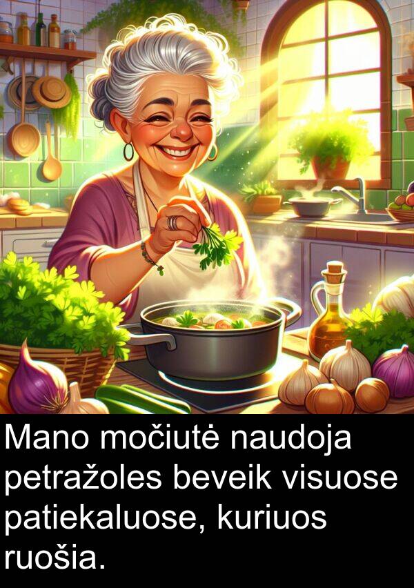 naudoja: Mano močiutė naudoja petražoles beveik visuose patiekaluose, kuriuos ruošia.
