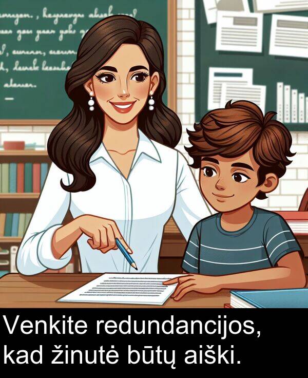 kad: Venkite redundancijos, kad žinutė būtų aiški.