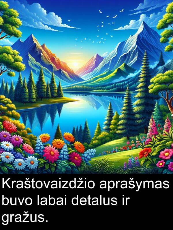 aprašymas: Kraštovaizdžio aprašymas buvo labai detalus ir gražus.
