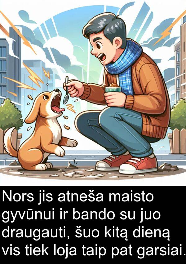 bando: Nors jis atneša maisto gyvūnui ir bando su juo draugauti, šuo kitą dieną vis tiek loja taip pat garsiai.