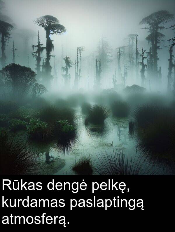 dengė: Rūkas dengė pelkę, kurdamas paslaptingą atmosferą.
