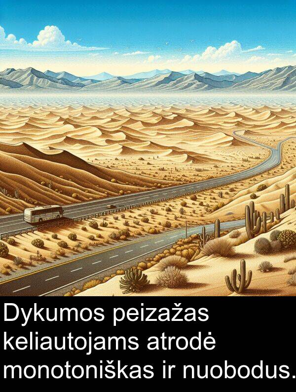 monotoniškas: Dykumos peizažas keliautojams atrodė monotoniškas ir nuobodus.