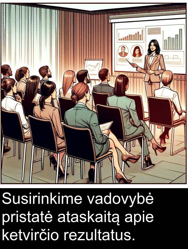 pristatė: Susirinkime vadovybė pristatė ataskaitą apie ketvirčio rezultatus.