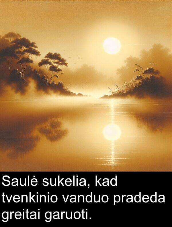 tvenkinio: Saulė sukelia, kad tvenkinio vanduo pradeda greitai garuoti.