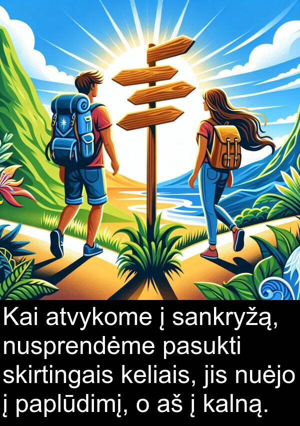 sankryžą: Kai atvykome į sankryžą, nusprendėme pasukti skirtingais keliais, jis nuėjo į paplūdimį, o aš į kalną.