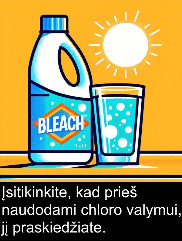 chloro: Įsitikinkite, kad prieš naudodami chloro valymui, jį praskiedžiate.