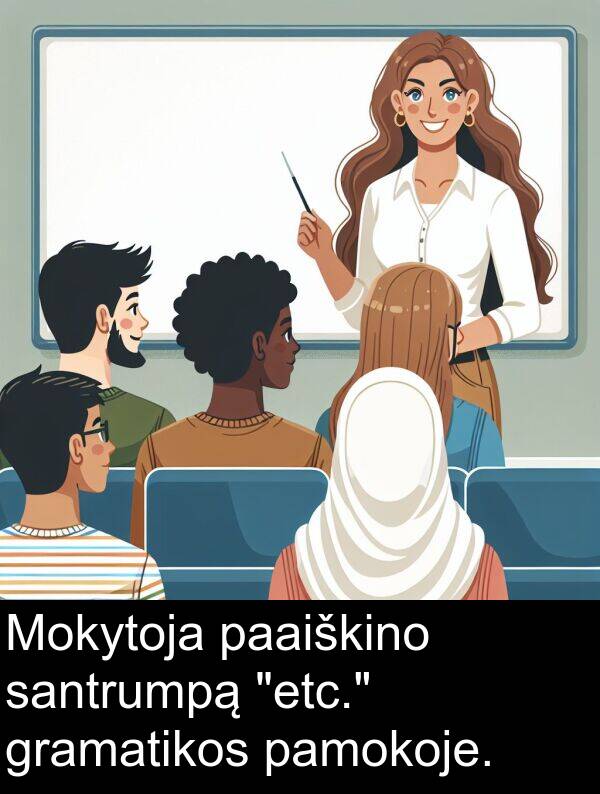 santrumpą: Mokytoja paaiškino santrumpą "etc." gramatikos pamokoje.