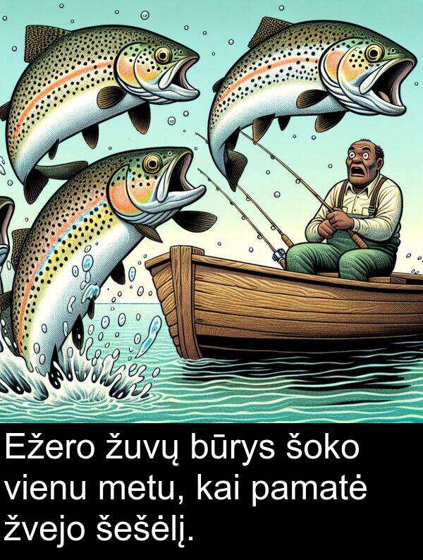 kai: Ežero žuvų būrys šoko vienu metu, kai pamatė žvejo šešėlį.