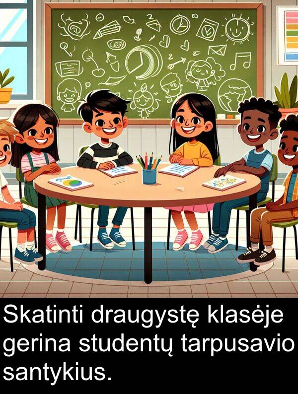 santykius: Skatinti draugystę klasėje gerina studentų tarpusavio santykius.