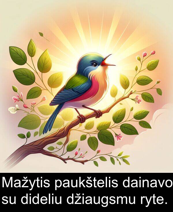 dainavo: Mažytis paukštelis dainavo su dideliu džiaugsmu ryte.