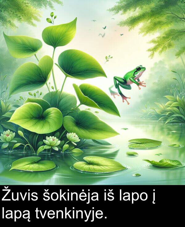 tvenkinyje: Žuvis šokinėja iš lapo į lapą tvenkinyje.