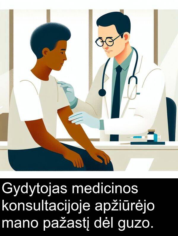 apžiūrėjo: Gydytojas medicinos konsultacijoje apžiūrėjo mano pažastį dėl guzo.