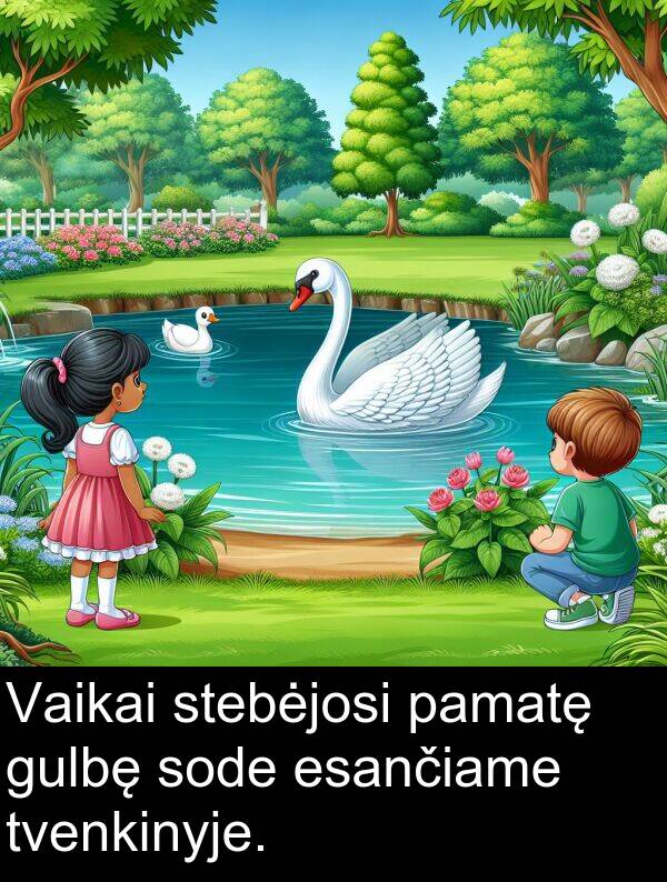 tvenkinyje: Vaikai stebėjosi pamatę gulbę sode esančiame tvenkinyje.