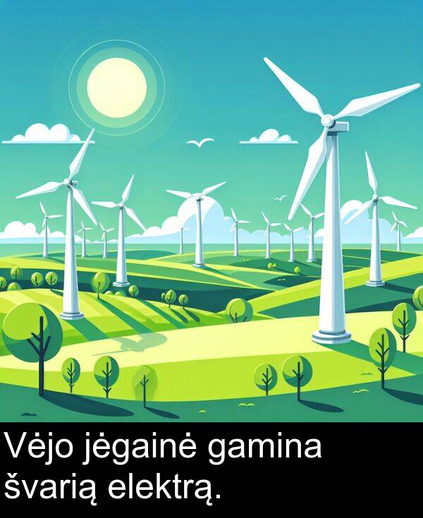 gamina: Vėjo jėgainė gamina švarią elektrą.