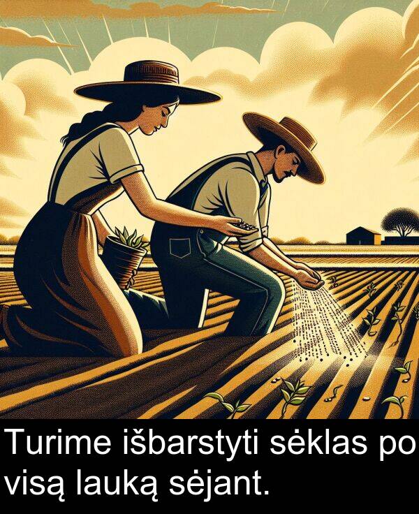 sėklas: Turime išbarstyti sėklas po visą lauką sėjant.