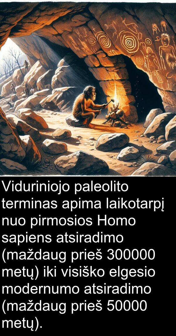 sapiens: Viduriniojo paleolito terminas apima laikotarpį nuo pirmosios Homo sapiens atsiradimo (maždaug prieš 300000 metų) iki visiško elgesio modernumo atsiradimo (maždaug prieš 50000 metų).
