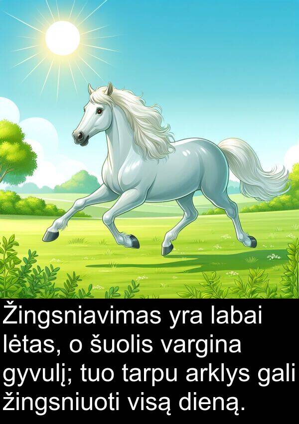 lėtas: Žingsniavimas yra labai lėtas, o šuolis vargina gyvulį; tuo tarpu arklys gali žingsniuoti visą dieną.