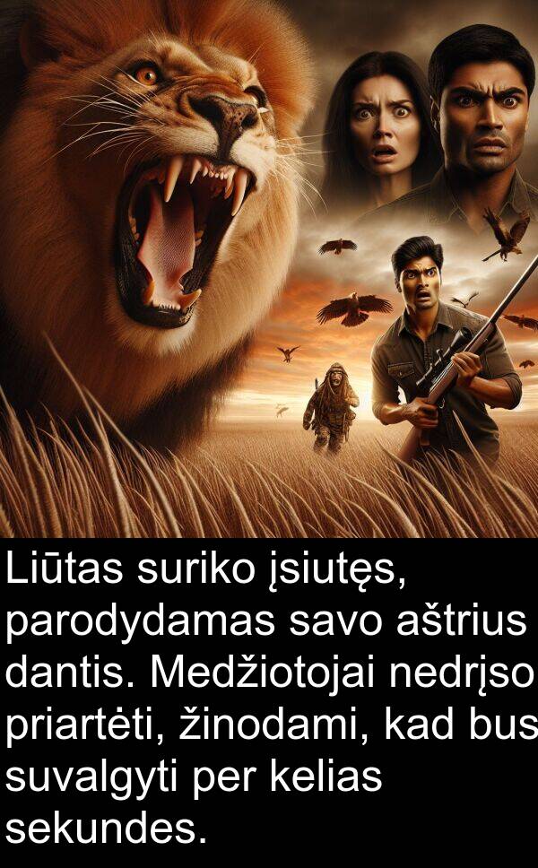 dantis: Liūtas suriko įsiutęs, parodydamas savo aštrius dantis. Medžiotojai nedrįso priartėti, žinodami, kad bus suvalgyti per kelias sekundes.