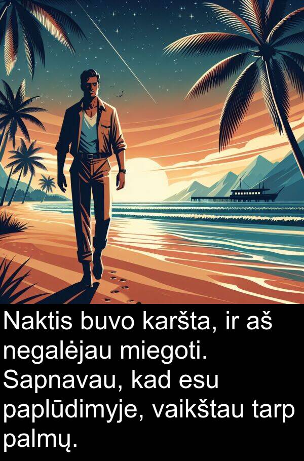 vaikštau: Naktis buvo karšta, ir aš negalėjau miegoti. Sapnavau, kad esu paplūdimyje, vaikštau tarp palmų.
