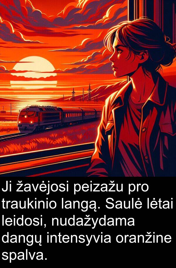 dangų: Ji žavėjosi peizažu pro traukinio langą. Saulė lėtai leidosi, nudažydama dangų intensyvia oranžine spalva.