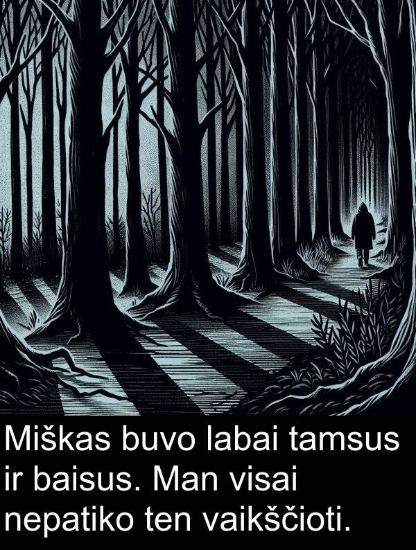 baisus: Miškas buvo labai tamsus ir baisus. Man visai nepatiko ten vaikščioti.