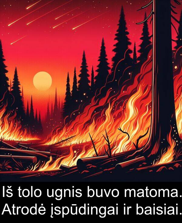 ugnis: Iš tolo ugnis buvo matoma. Atrodė įspūdingai ir baisiai.