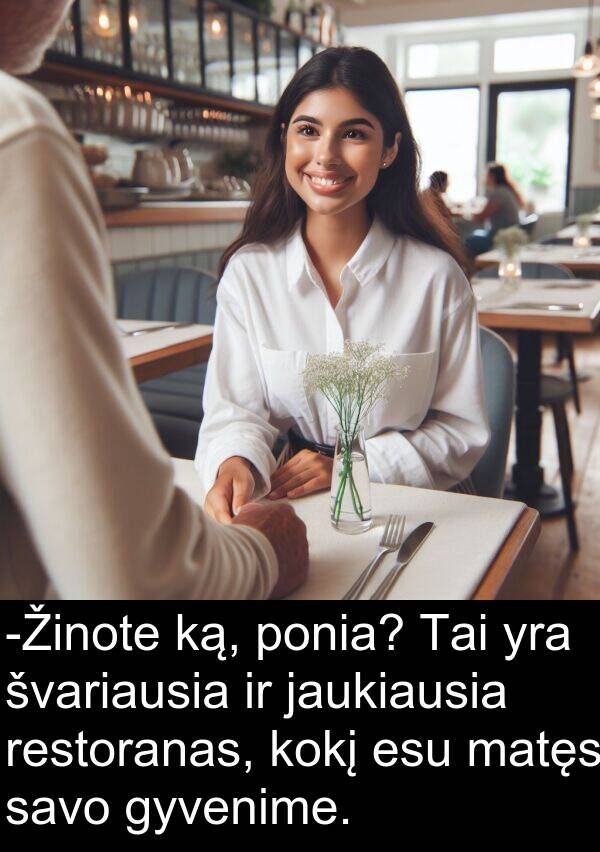 ką: -Žinote ką, ponia? Tai yra švariausia ir jaukiausia restoranas, kokį esu matęs savo gyvenime.