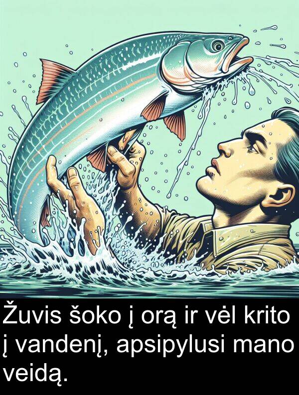 apsipylusi: Žuvis šoko į orą ir vėl krito į vandenį, apsipylusi mano veidą.