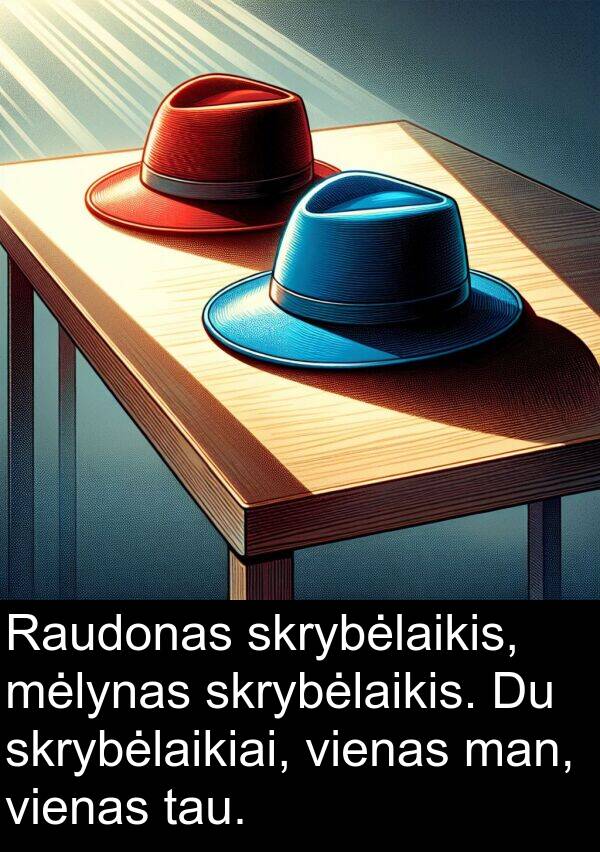 skrybėlaikis: Raudonas skrybėlaikis, mėlynas skrybėlaikis. Du skrybėlaikiai, vienas man, vienas tau.