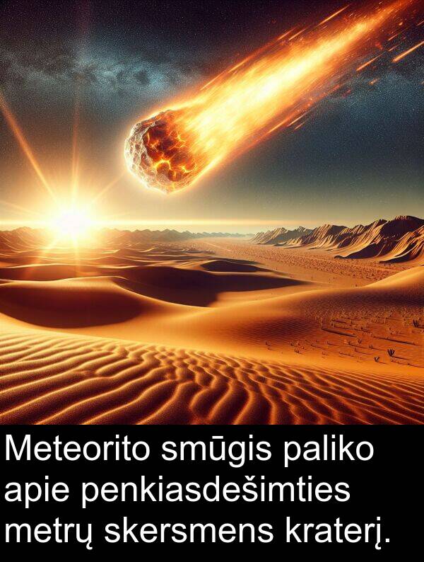skersmens: Meteorito smūgis paliko apie penkiasdešimties metrų skersmens kraterį.