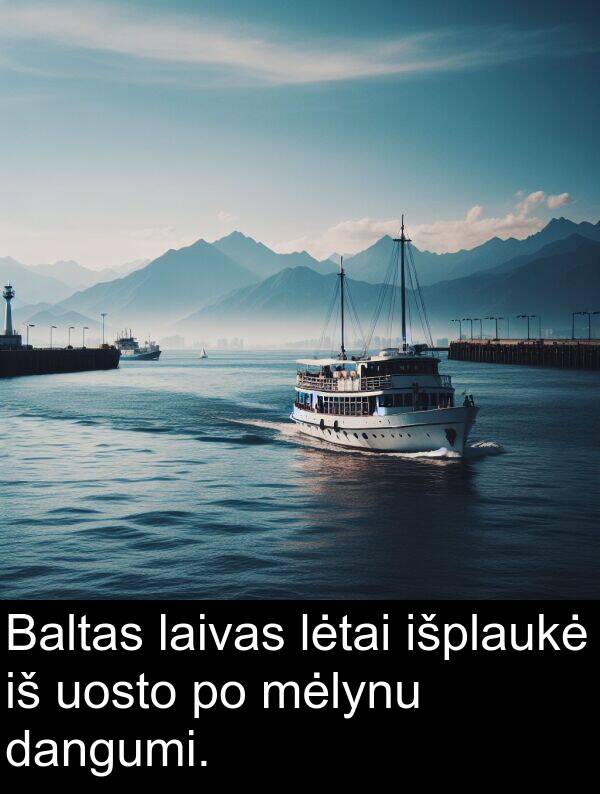 laivas: Baltas laivas lėtai išplaukė iš uosto po mėlynu dangumi.