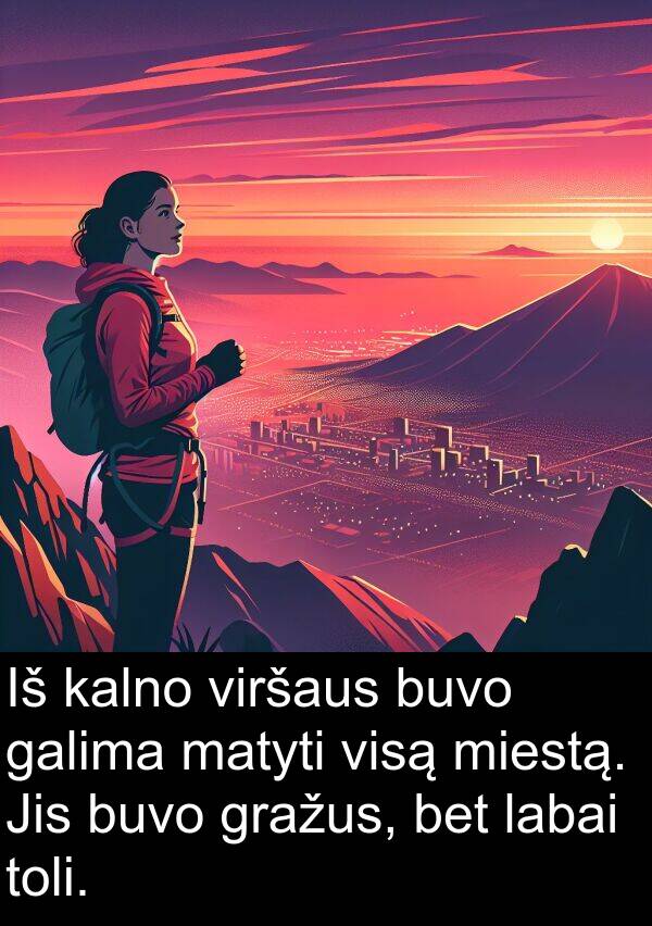 galima: Iš kalno viršaus buvo galima matyti visą miestą. Jis buvo gražus, bet labai toli.