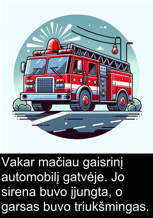 gaisrinį: Vakar mačiau gaisrinį automobilį gatvėje. Jo sirena buvo įjungta, o garsas buvo triukšmingas.