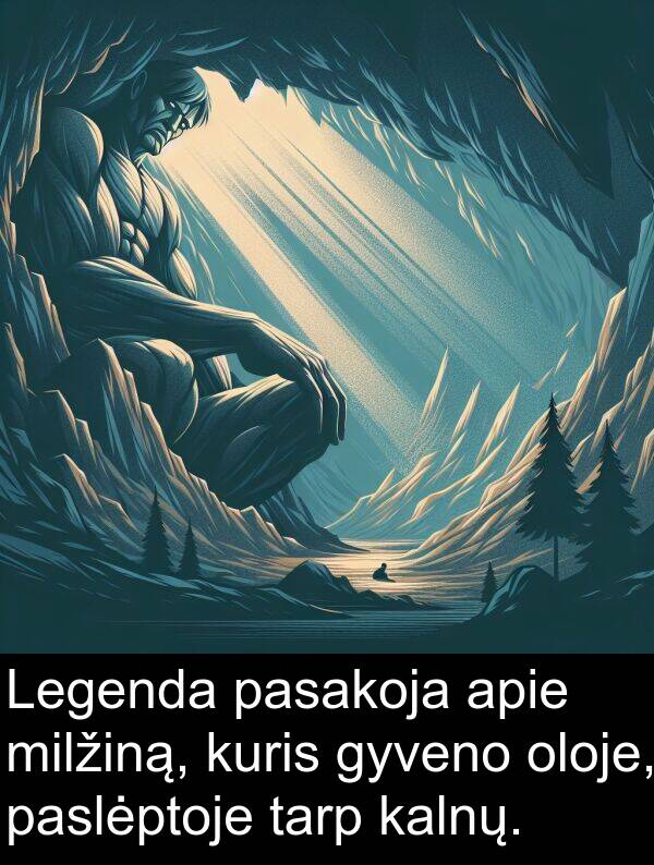 tarp: Legenda pasakoja apie milžiną, kuris gyveno oloje, paslėptoje tarp kalnų.