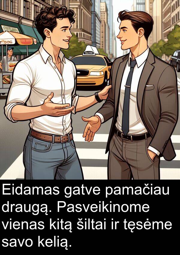 draugą: Eidamas gatve pamačiau draugą. Pasveikinome vienas kitą šiltai ir tęsėme savo kelią.