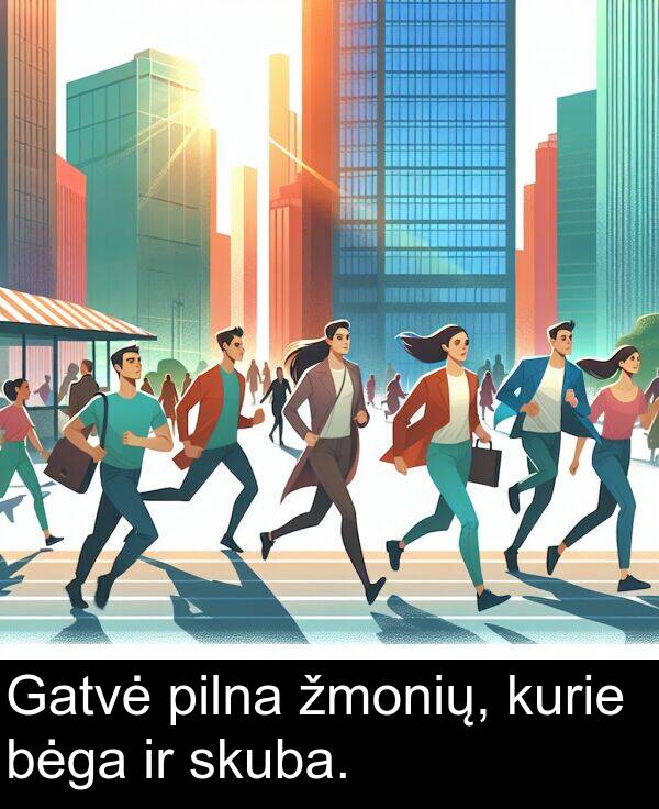 skuba: Gatvė pilna žmonių, kurie bėga ir skuba.