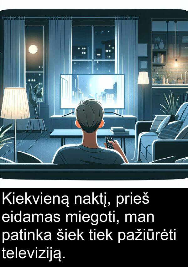 naktį: Kiekvieną naktį, prieš eidamas miegoti, man patinka šiek tiek pažiūrėti televiziją.