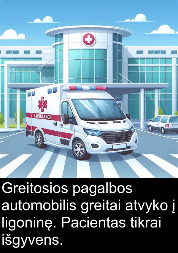 automobilis: Greitosios pagalbos automobilis greitai atvyko į ligoninę. Pacientas tikrai išgyvens.