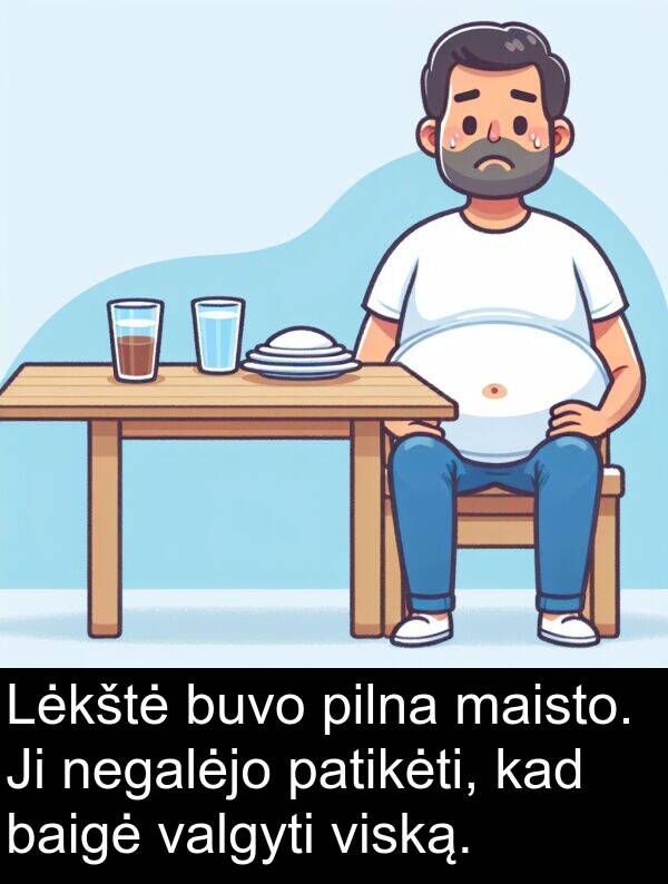 maisto: Lėkštė buvo pilna maisto. Ji negalėjo patikėti, kad baigė valgyti viską.
