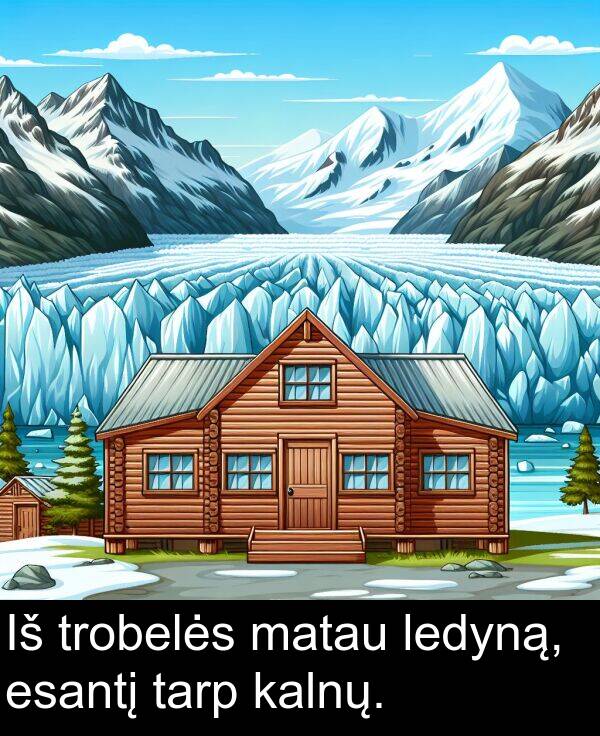 tarp: Iš trobelės matau ledyną, esantį tarp kalnų.