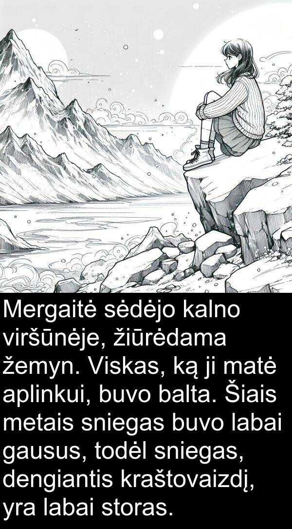 žemyn: Mergaitė sėdėjo kalno viršūnėje, žiūrėdama žemyn. Viskas, ką ji matė aplinkui, buvo balta. Šiais metais sniegas buvo labai gausus, todėl sniegas, dengiantis kraštovaizdį, yra labai storas.