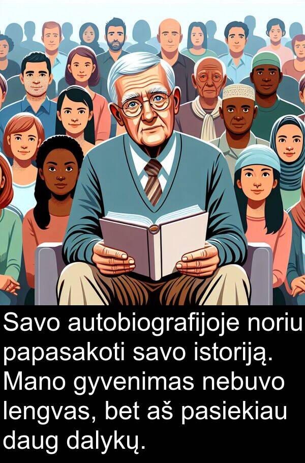 dalykų: Savo autobiografijoje noriu papasakoti savo istoriją. Mano gyvenimas nebuvo lengvas, bet aš pasiekiau daug dalykų.