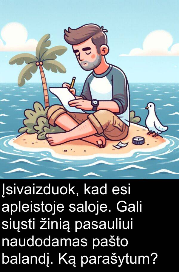 naudodamas: Įsivaizduok, kad esi apleistoje saloje. Gali siųsti žinią pasauliui naudodamas pašto balandį. Ką parašytum?