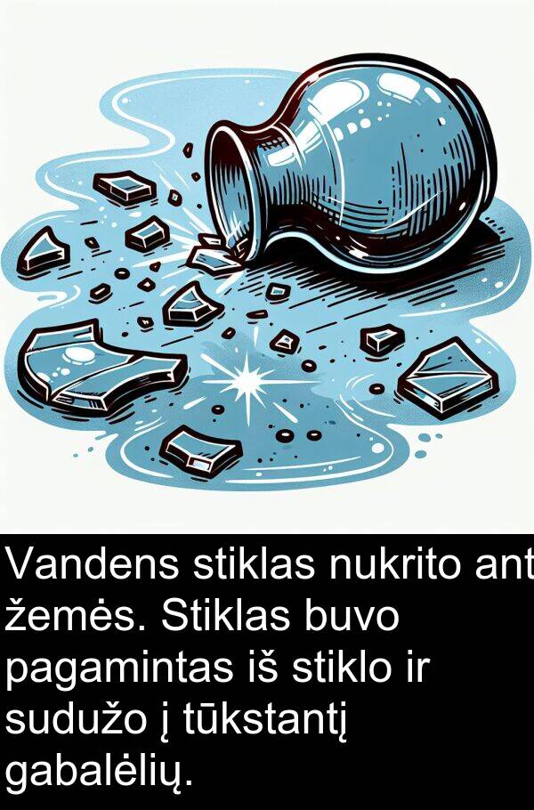 gabalėlių: Vandens stiklas nukrito ant žemės. Stiklas buvo pagamintas iš stiklo ir sudužo į tūkstantį gabalėlių.