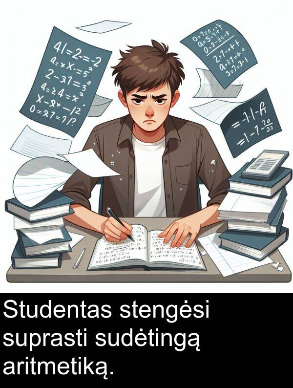 sudėtingą: Studentas stengėsi suprasti sudėtingą aritmetiką.