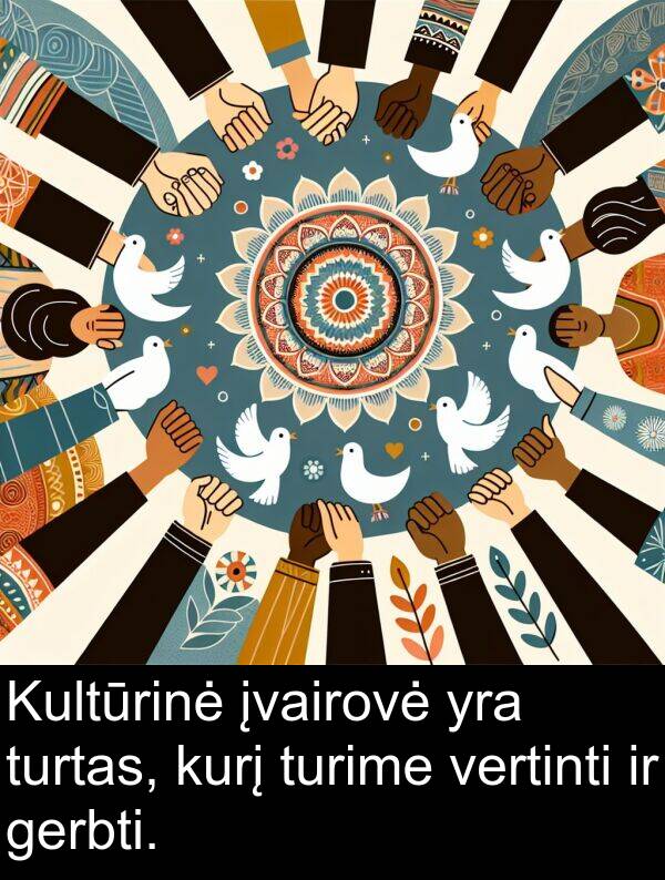 gerbti: Kultūrinė įvairovė yra turtas, kurį turime vertinti ir gerbti.