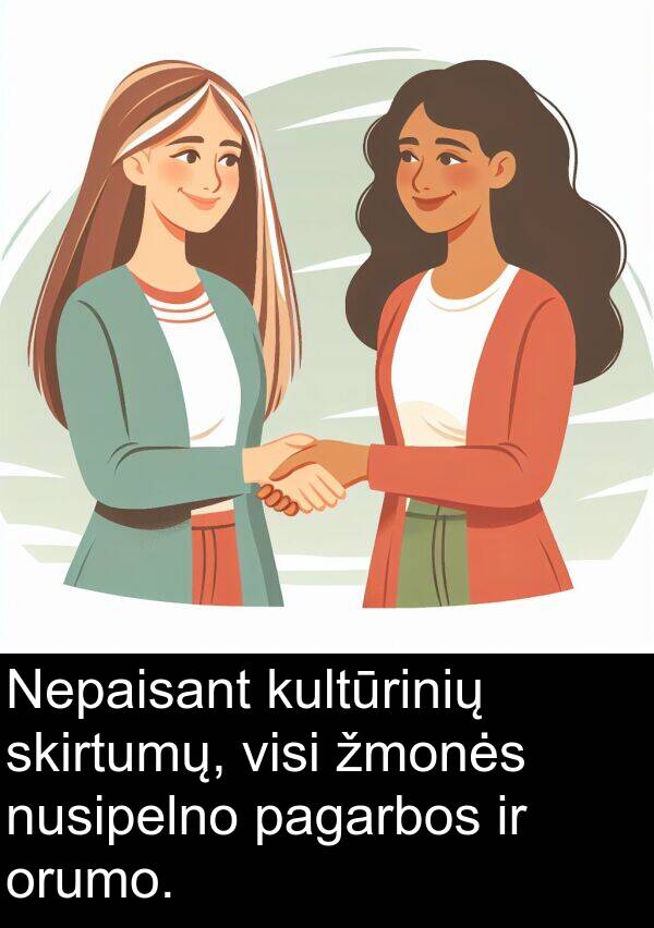 orumo: Nepaisant kultūrinių skirtumų, visi žmonės nusipelno pagarbos ir orumo.