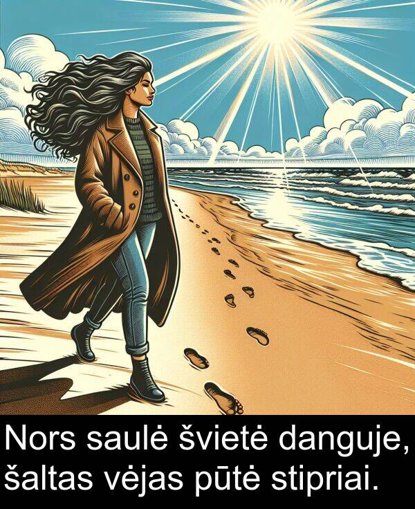 danguje: Nors saulė švietė danguje, šaltas vėjas pūtė stipriai.